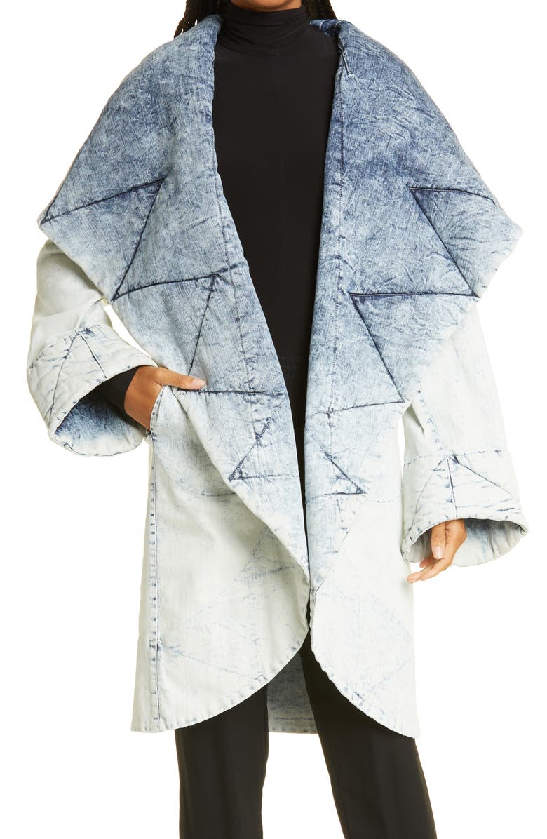 Norma Kamali Women's Shawl Collar Quilted Denim Hooded Coat, Main, color,