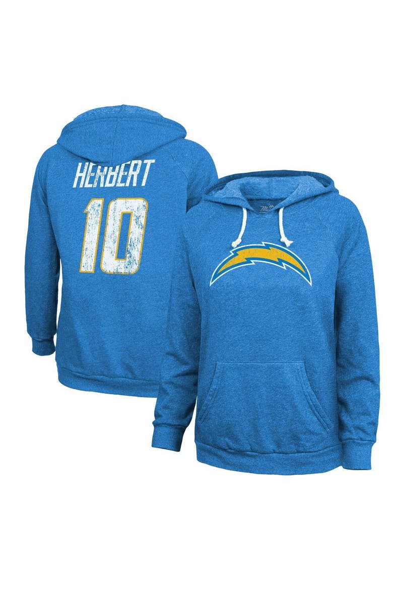 Women's Majestic Threads Justin Herbert  Powder Blue Los Angeles Chargers Name & Number Tri-Blend Pullover Hoodie, Main, color, Powder Blue
