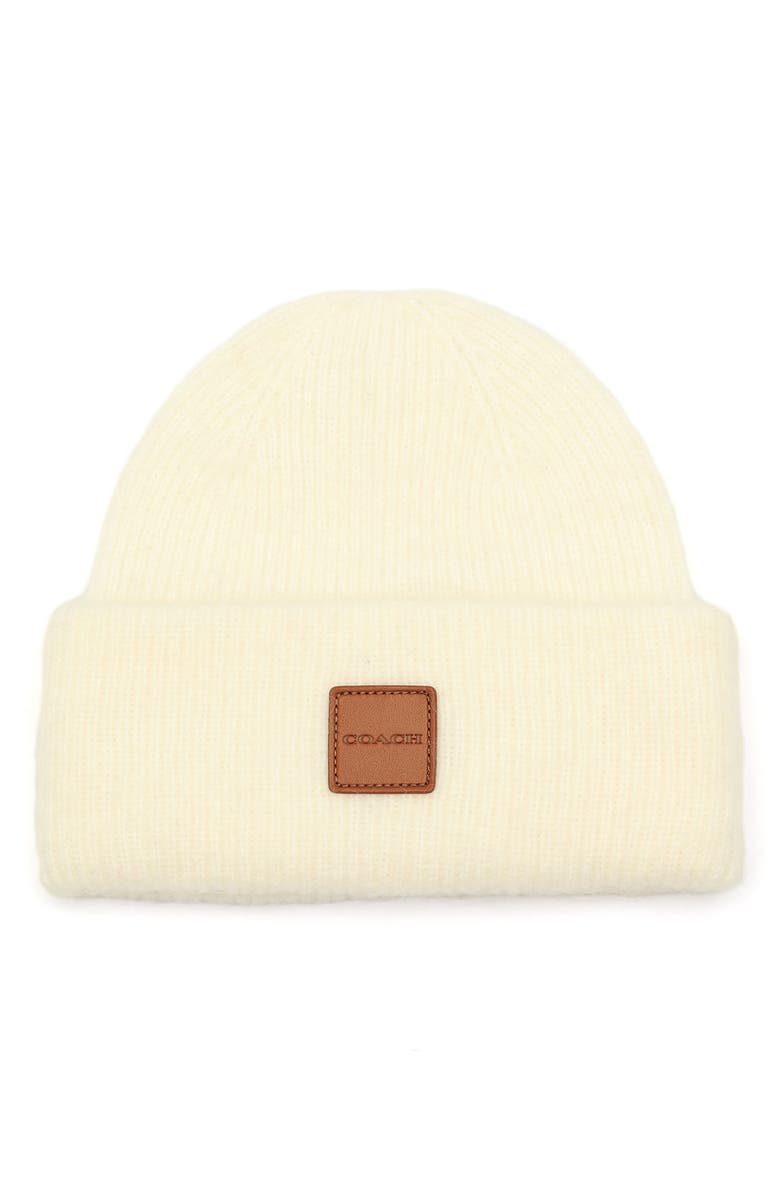 COACH Leather Patch Rib Beanie, Main, color, 