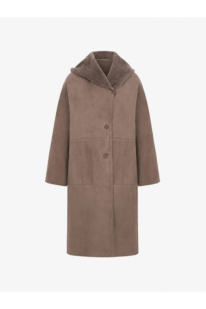 Ballade Merino Curly Shearling Hooded Long Coat, Main, color, Vizon