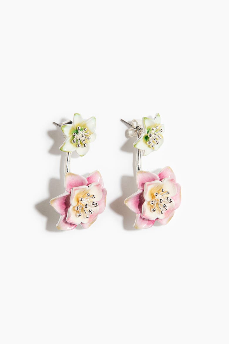 Flower-detail Front-back Earrings, Alternate, color, Silver-colored/pink
