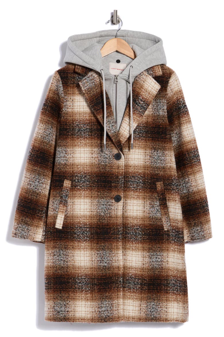 Plaid Walker Coat with Hood, Main, color, BROWN PLAID