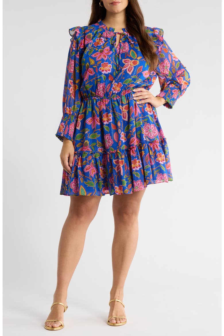 Wendey Floral Print Metallic Long Sleeve Dress, Main, color, BLUE-MULT