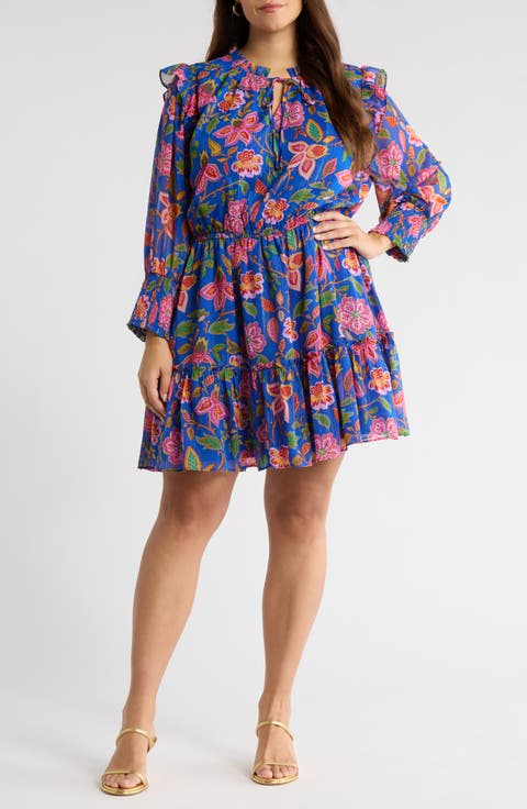 Wendey Floral Print Metallic Long Sleeve Dress (Plus)