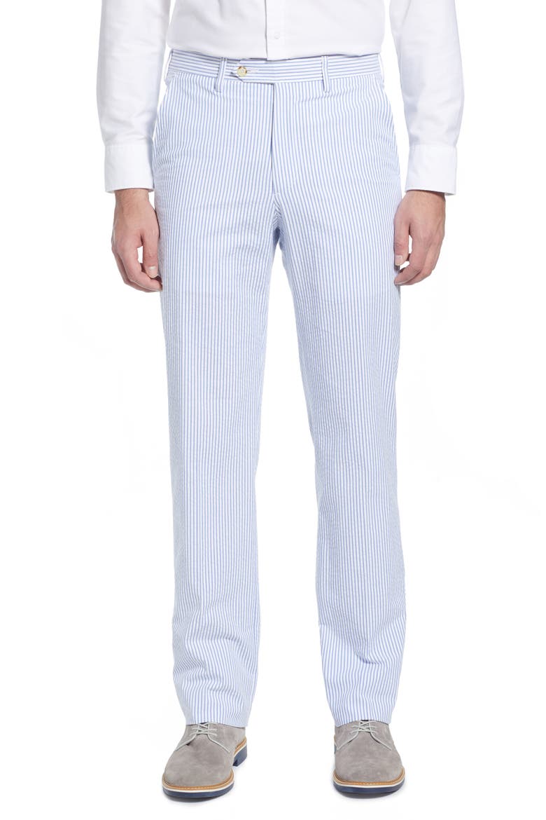 Flat Front Stripe Cotton Seersucker Pants, Main, color, LIGHT BLUE