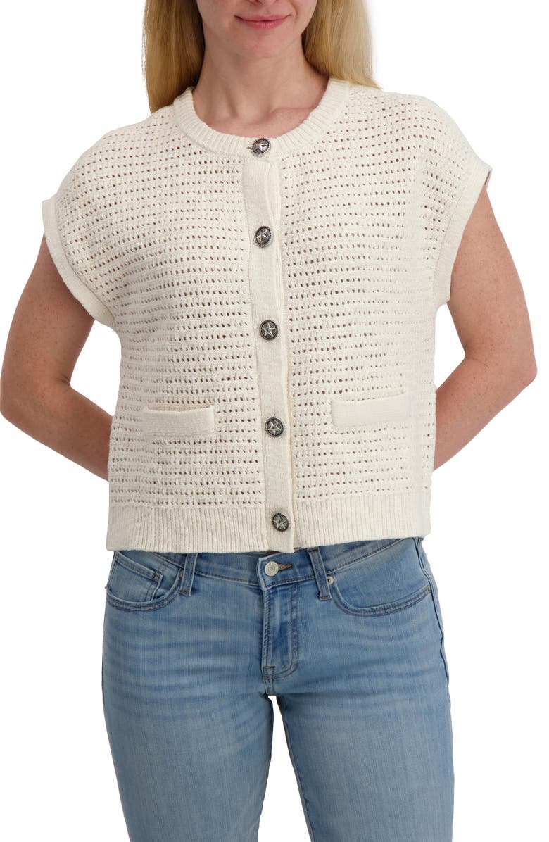 Lucky Brand Short Sleeve Cotton Cardigan, Main, color, Cannoli Cream