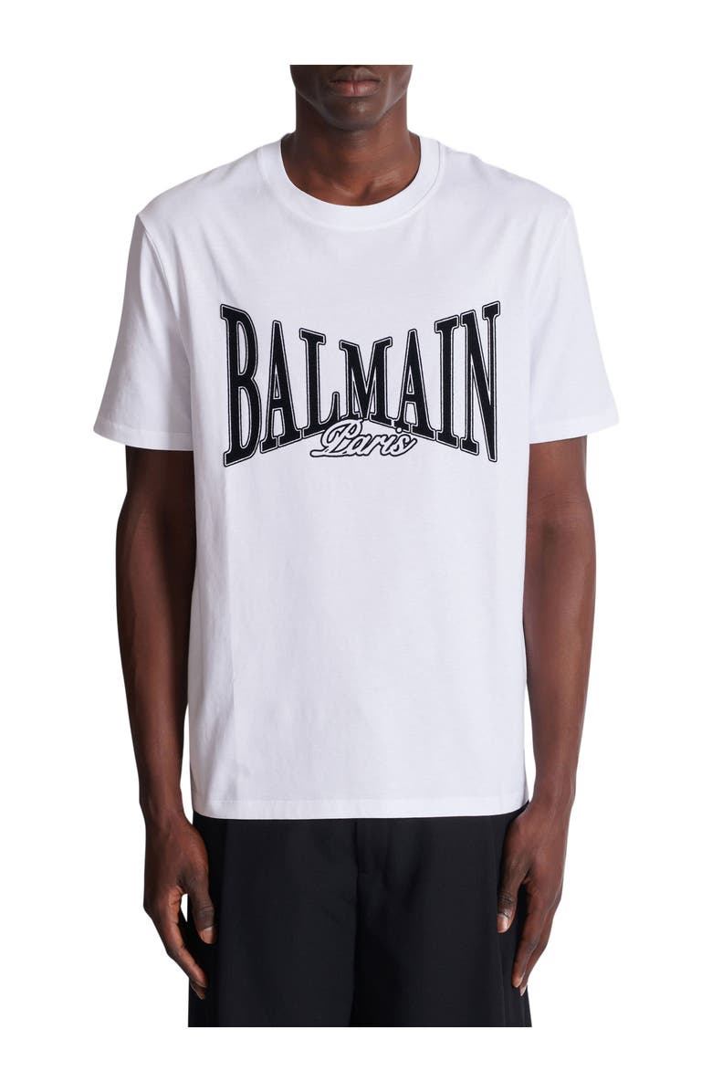 Balmain Short-sleeved T-shirt with flocked Balmain College print, Alternate, color, White