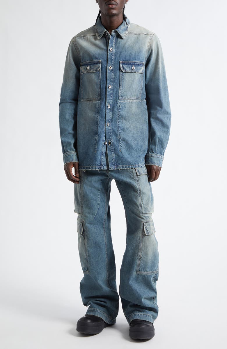 Rick Owens DRKSHDW Distressed Denim Overshirt, Alternate, color, Washed Indigo