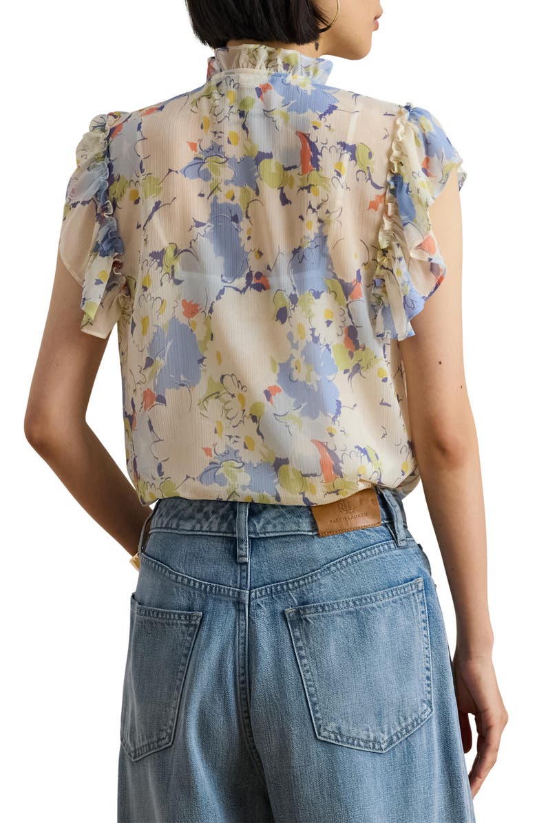 Lauren Ralph Lauren Floral Print Ruffle Trim Button-Up Top, Alternate, color, Blue Multi