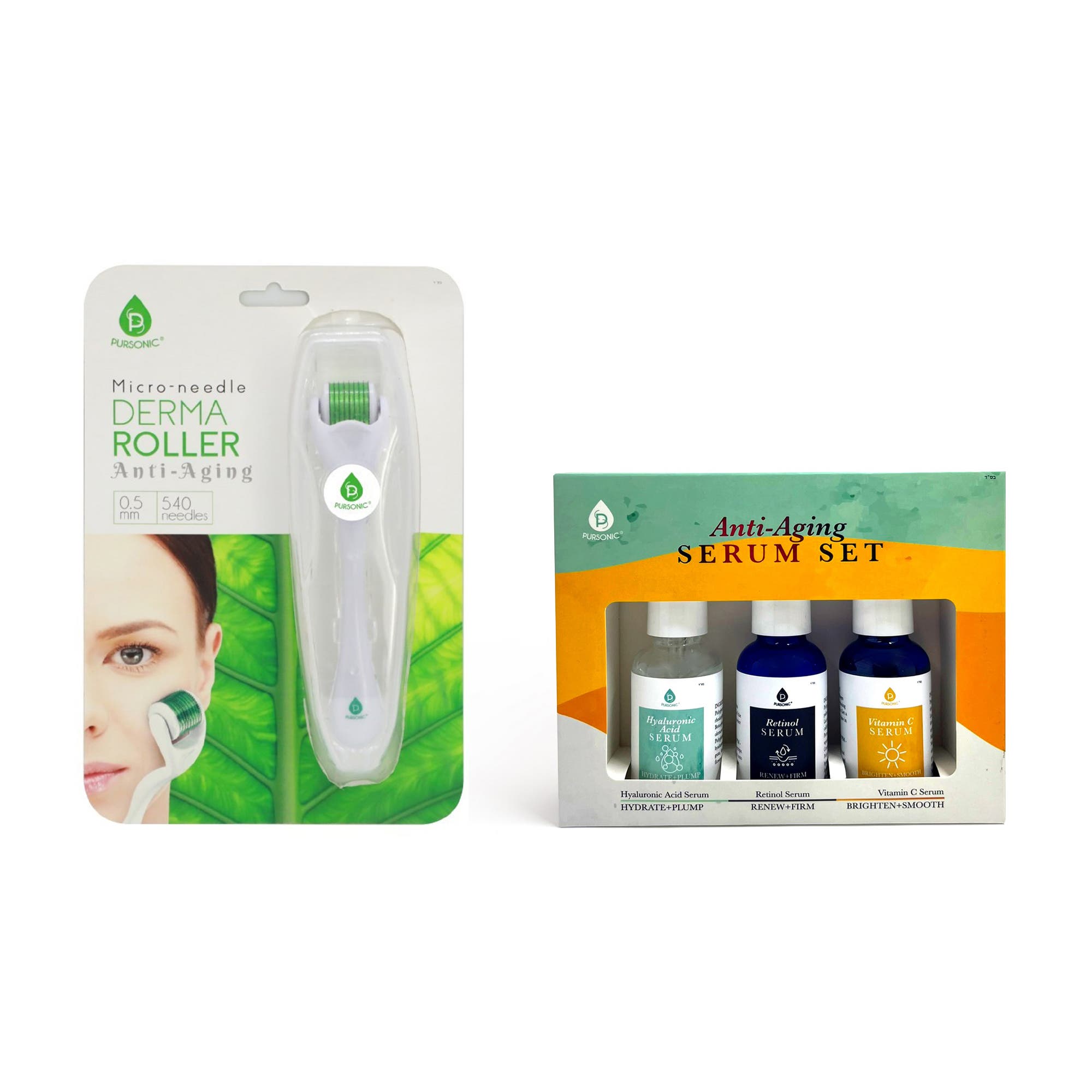 Pursonic Ultimate Renewal Kit Micro Needle Derma Roller + Anti-aging Serum Trio In White