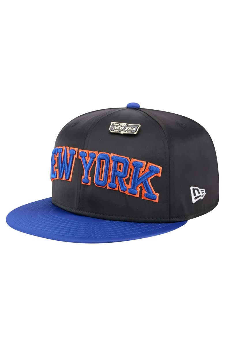New Era Men's New Era  Black/Blue New York Knicks Throwback Satin Vintage Pin Two-Tone 59FIFTY Fitted Hat, Alternate, color, Black