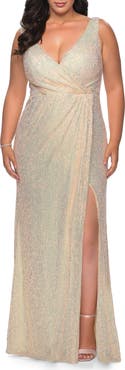 La Femme Sequin Plus Size Gown with Ruching and V-neck
