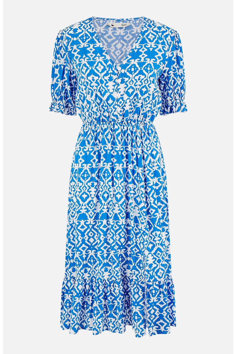 Geometric Print Puff Sleeve Midi Dress, Alternate, color, Blue