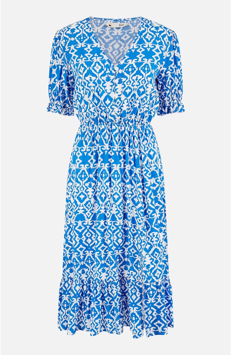 Yumi Geometric Print Puff Sleeve Midi Dress, Alternate, color, Blue