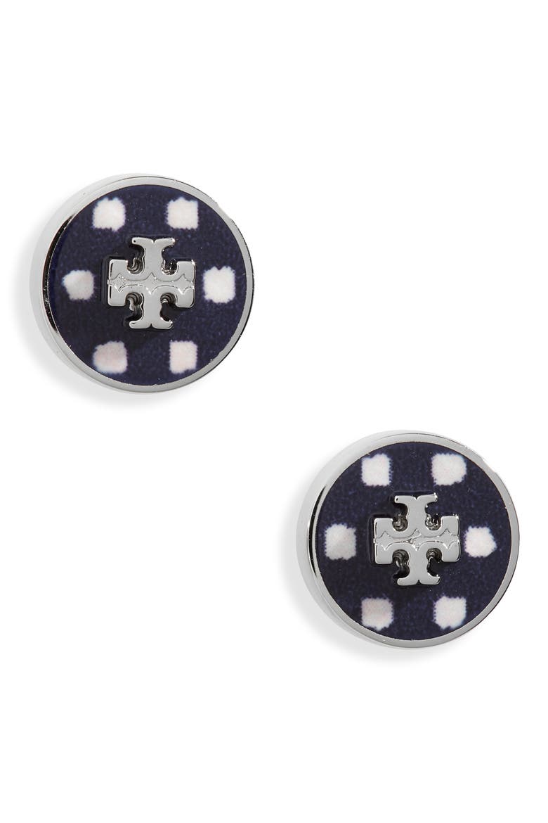 Kira Circle Stud Earrings, Main, color, TORY SILVER / NAVY DOT