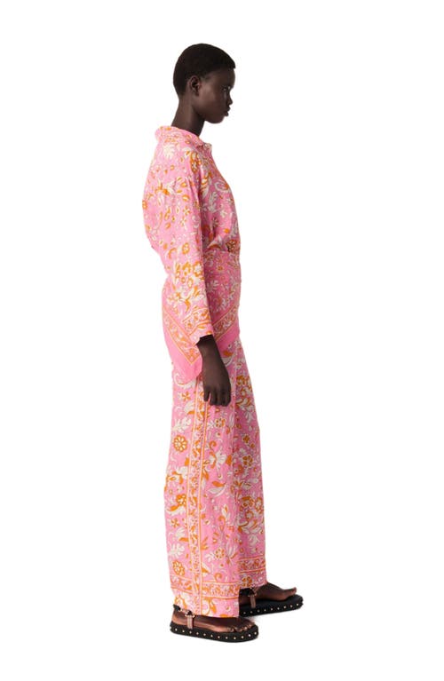 Maje Patterned Flowing Linen Shirt In Orange Pink Flowers Print