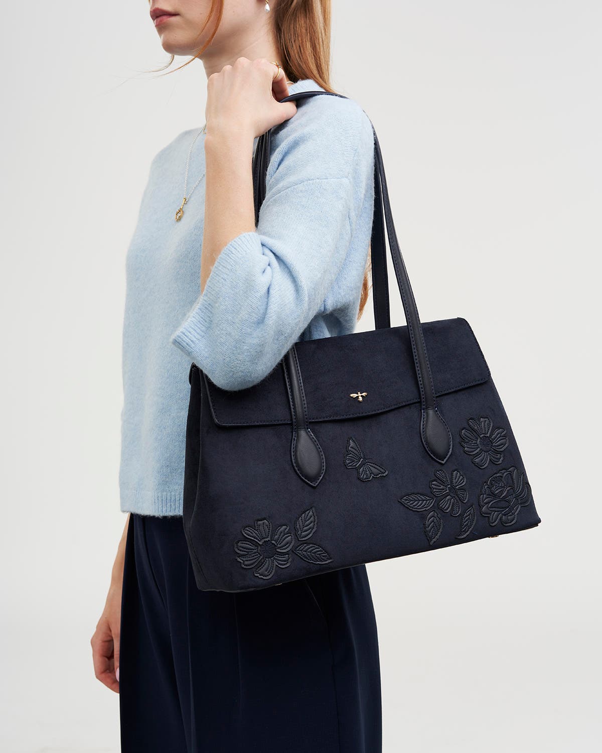 Romilly Floral Applique Faux Suede Shoulder Purse, Alternate, color, Navy