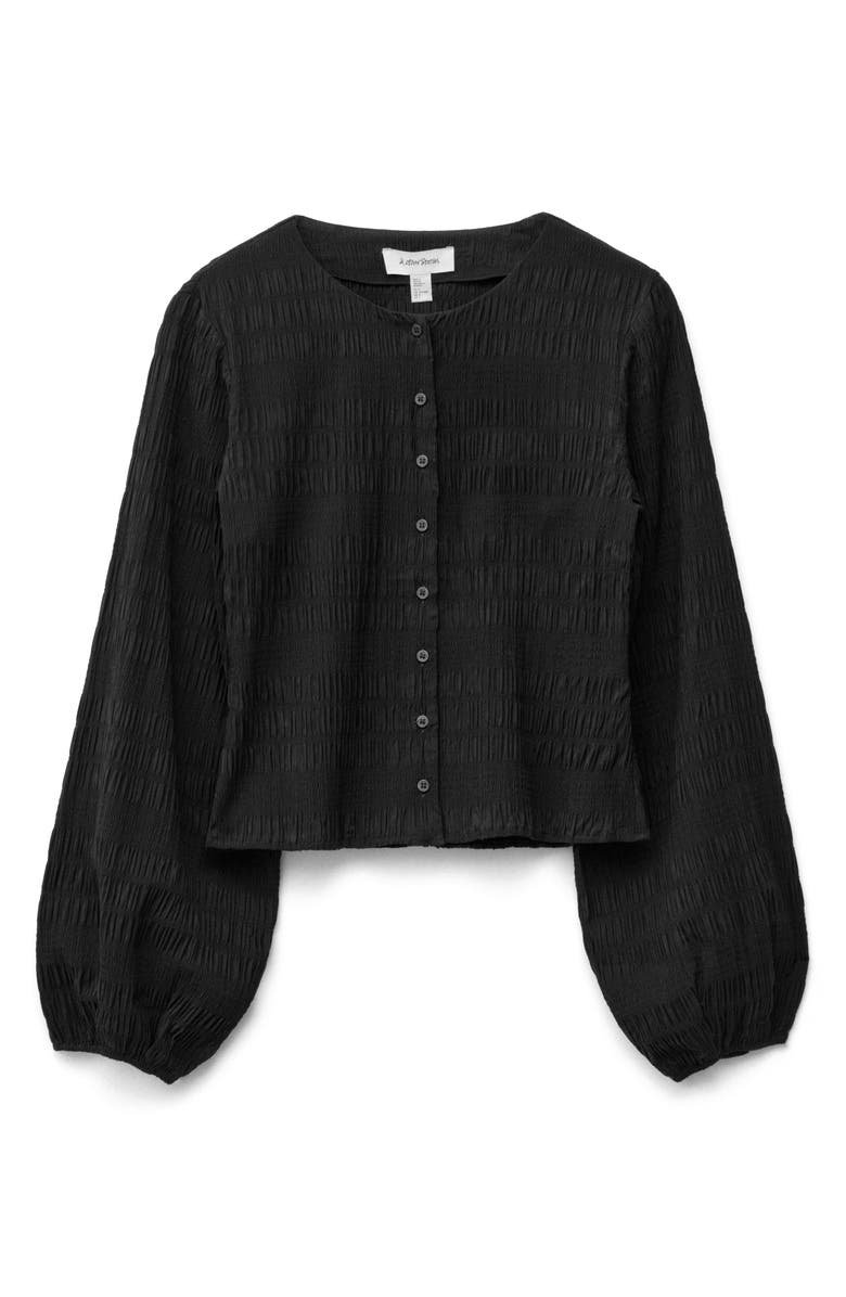 & Other Stories Smocked Balloon Sleeve Button-Up Top, Alternate, color, Black Dark