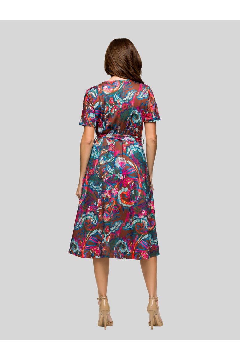 Brown and Pink Print Short Sleeve Tie Waist Midi Dress, Alternate, color, Brown Multi