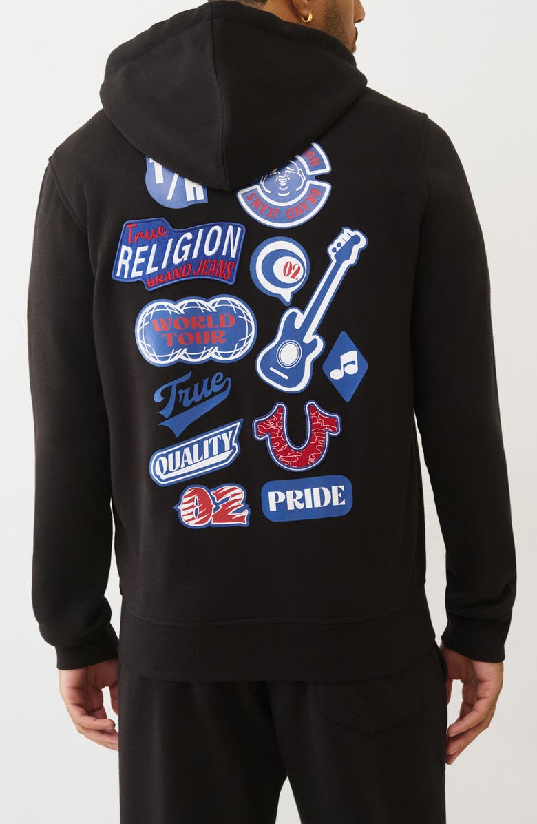 True Religion Embroidered Patch Zip Hoodie, Alternate, color, Jet Black