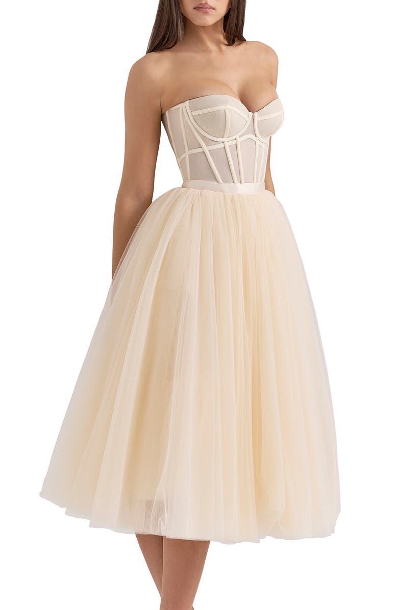 HOUSE OF CB Darling Strapless Tulle Midi Dress, Alternate, color, Vintage Cream