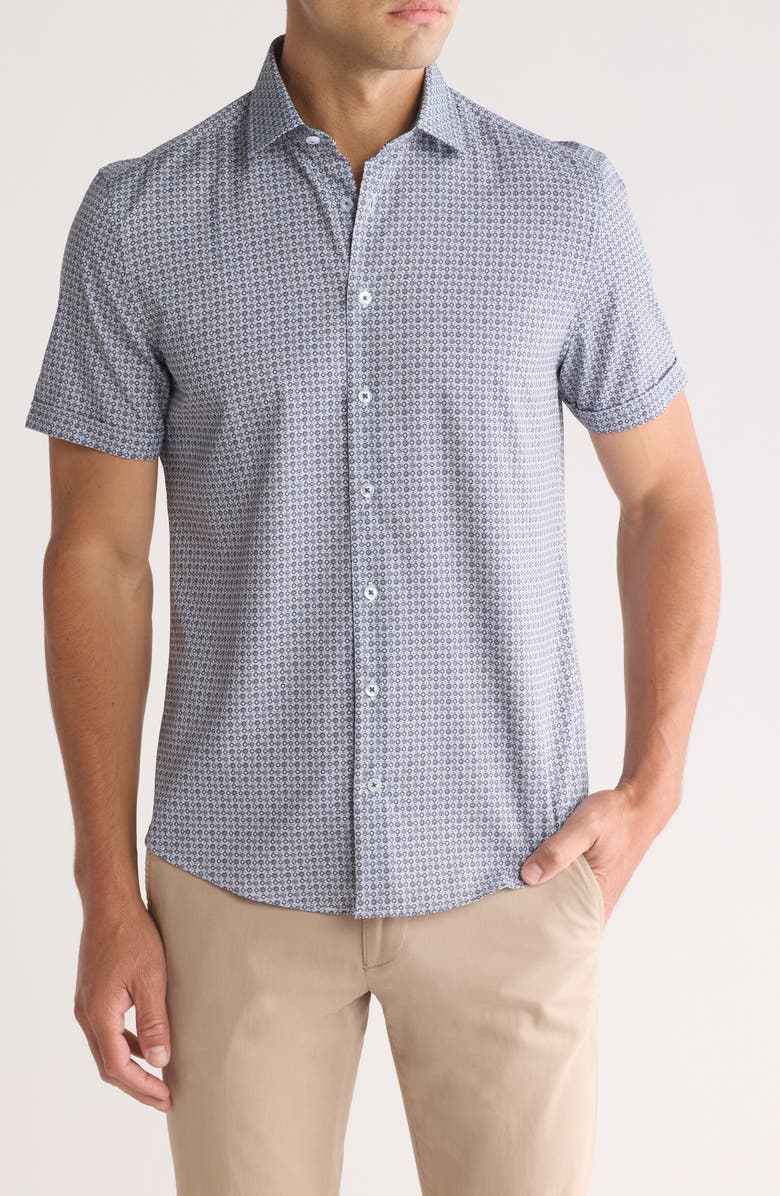 SOUL OF LONDON Dot Short Sleeve Button-Up Shirt, Main, color, Dark Green