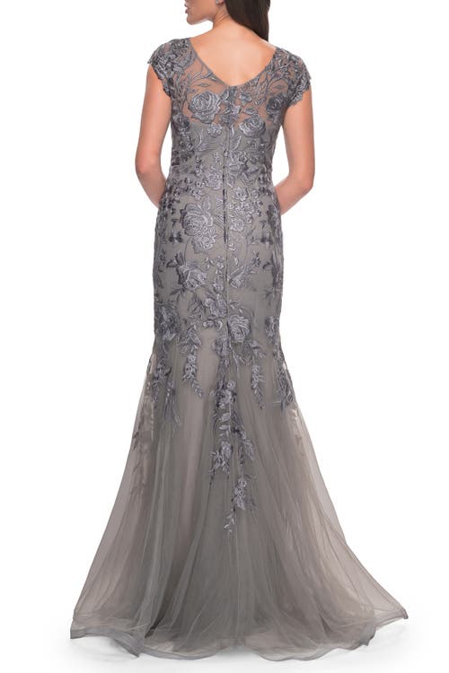 La Femme Lace And Tulle Mermaid Gown With Cap Sleeves In Silver