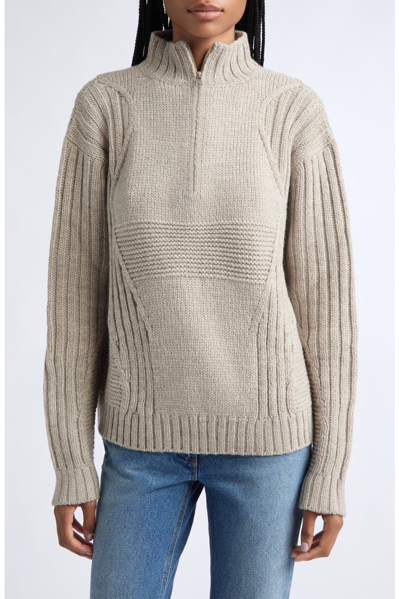 3-Knit Structure Wool Quarter Zip Sweater, Main, color, HEATHERED OATMEAL