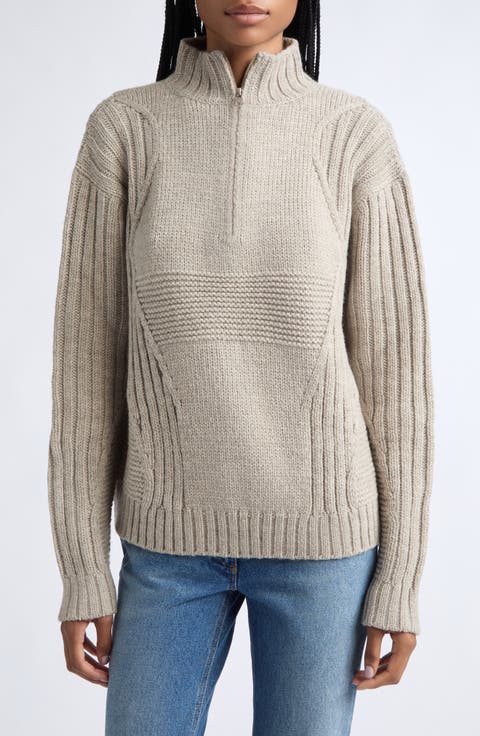 3-Knit Structure Wool Quarter Zip Sweater