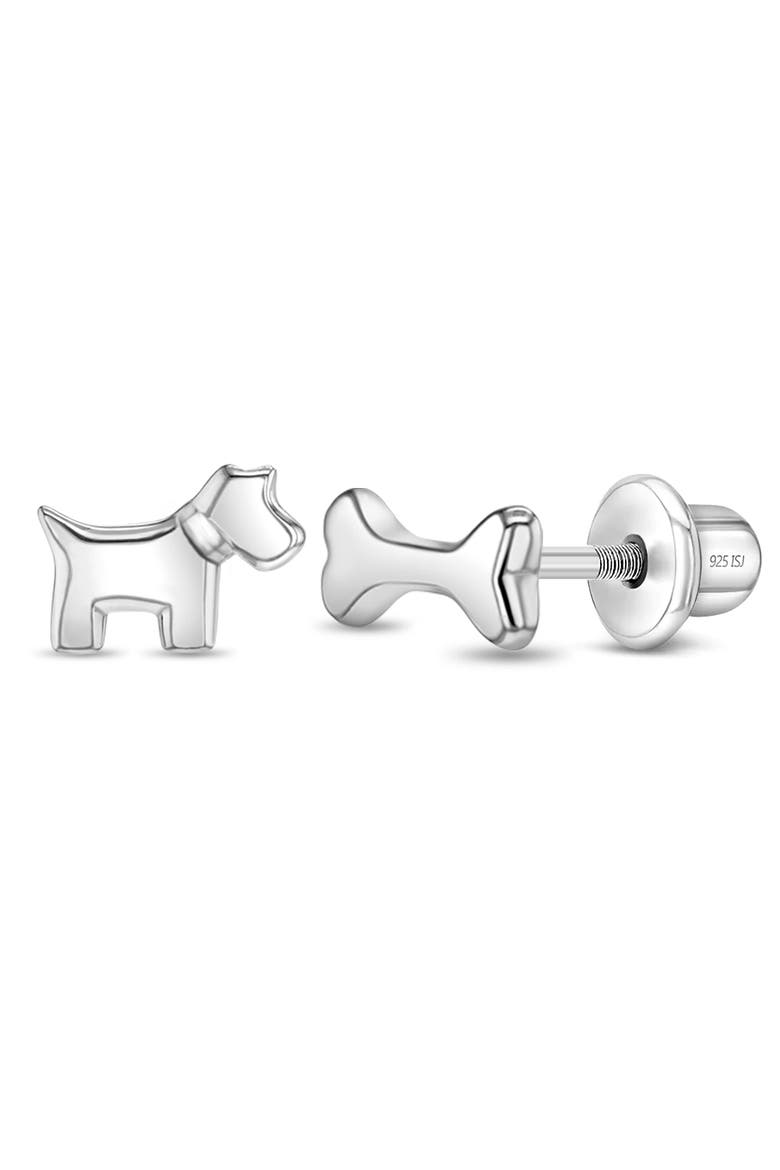 Tiny Dog and Bone Earrings, Main, color, Silver