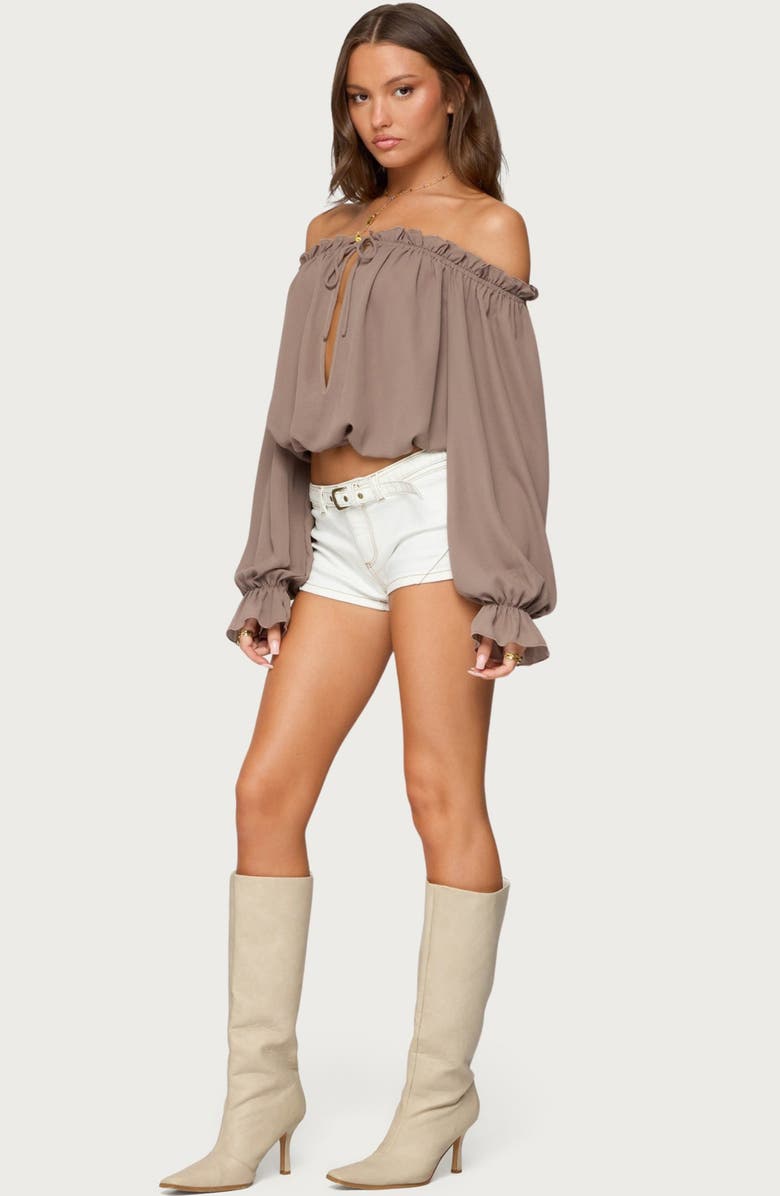 EDIKTED Juna Off the Shoulder Ruffle Chiffon Top, Alternate, color, Brown
