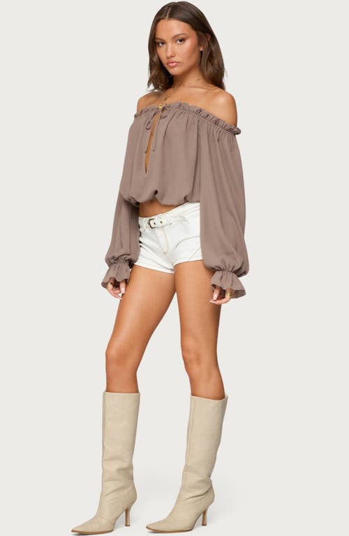 Edikted Juna Off The Shoulder Ruffle Chiffon Top In Gray