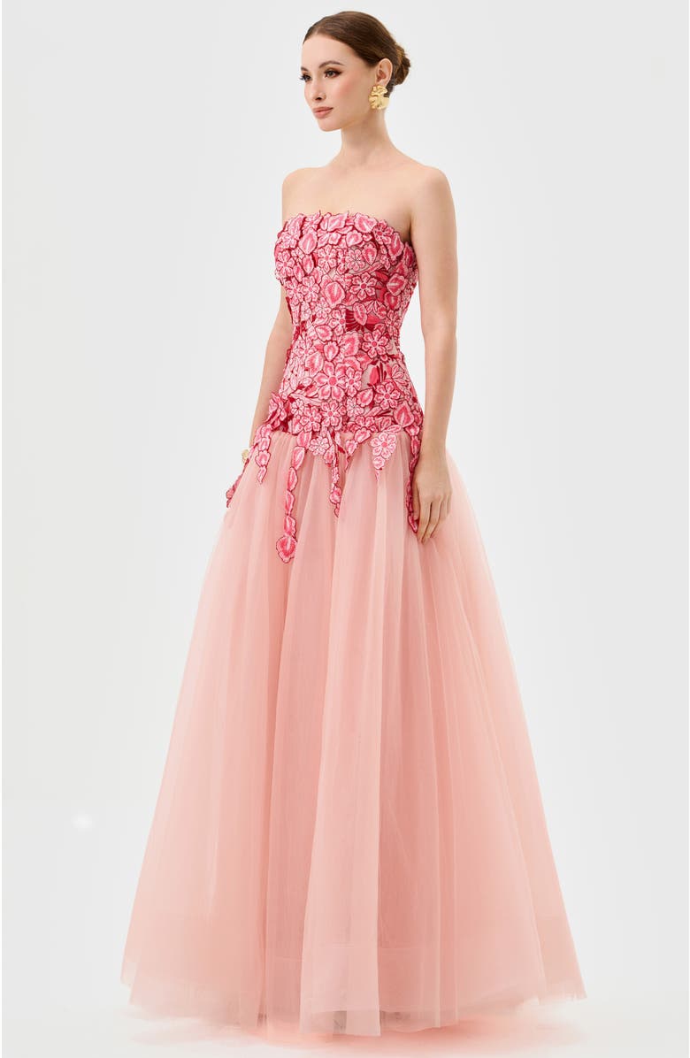 Bariano Poppi Strapless Floral Gown, Alternate, color, Pink