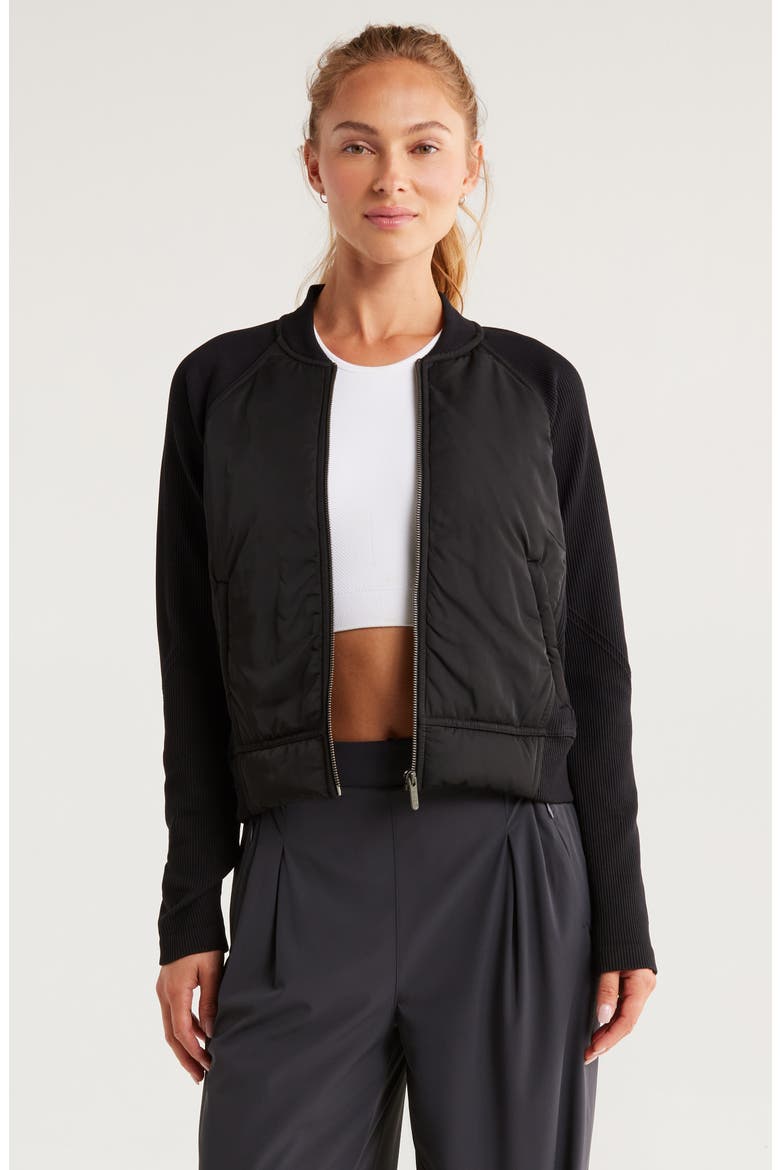Seamless Mixed Media Bomber Jacket, Main, color, BLACK