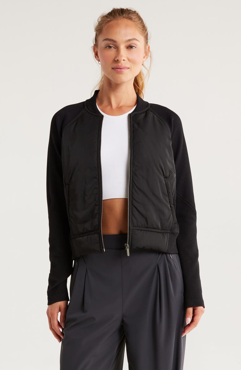 Zella Seamless Mixed Media Bomber Jacket, Main, color, Black