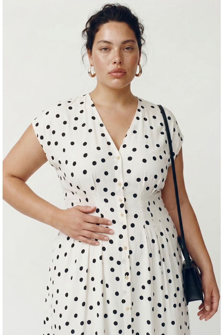 Dot Print Cap Sleeve Button Front Midi Dress, Alternate, color, SNOW WHITE/ BLACK DOT