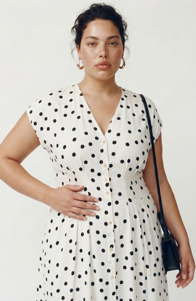 VERO MODA Dot Print Cap Sleeve Button Front Midi Dress, Alternate, color, Snow White/ Black Dot