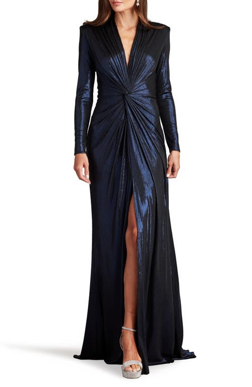 Tadashi Shoji Metallic Long Sleeve Liquid Jersey Gown In Royal Navy