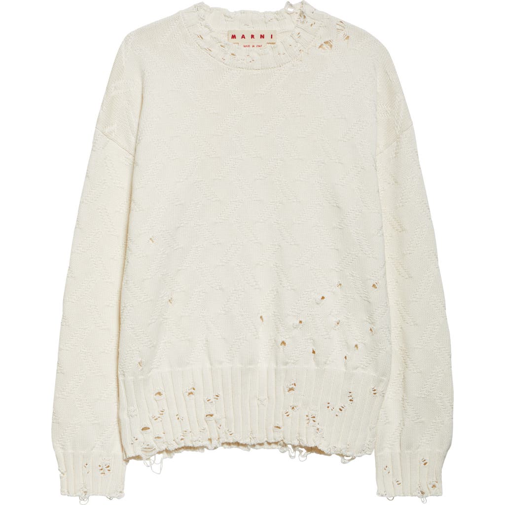 Shop Marni Distressed Cotton Confetti Jacquard Crewneck Sweater In Lily White