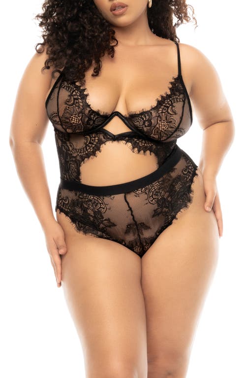 Mapale Cutout Eyelash Trim Lace Underwire Bodysuit in Black at Nordstrom, Size 3X