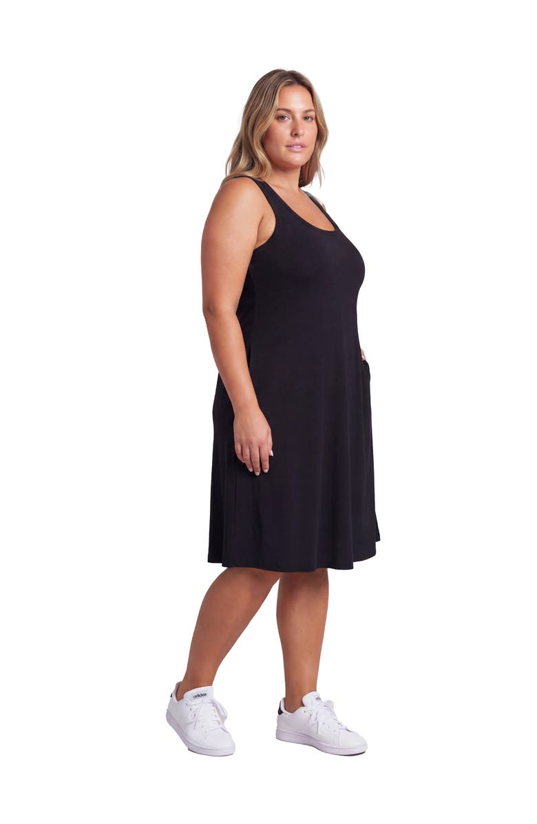 24seven Comfort Apparel Curvy Essential Ribbed Knit Sleeveless Scoop Neck Pocket A-Line Midi Dress, Alternate, color, Black