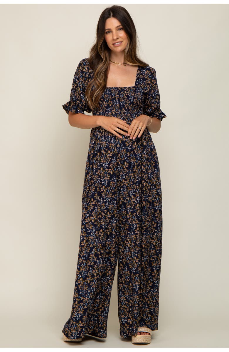 PinkBlush Floral Smocked Jumpsuit, Alternate, color, Navy Blue