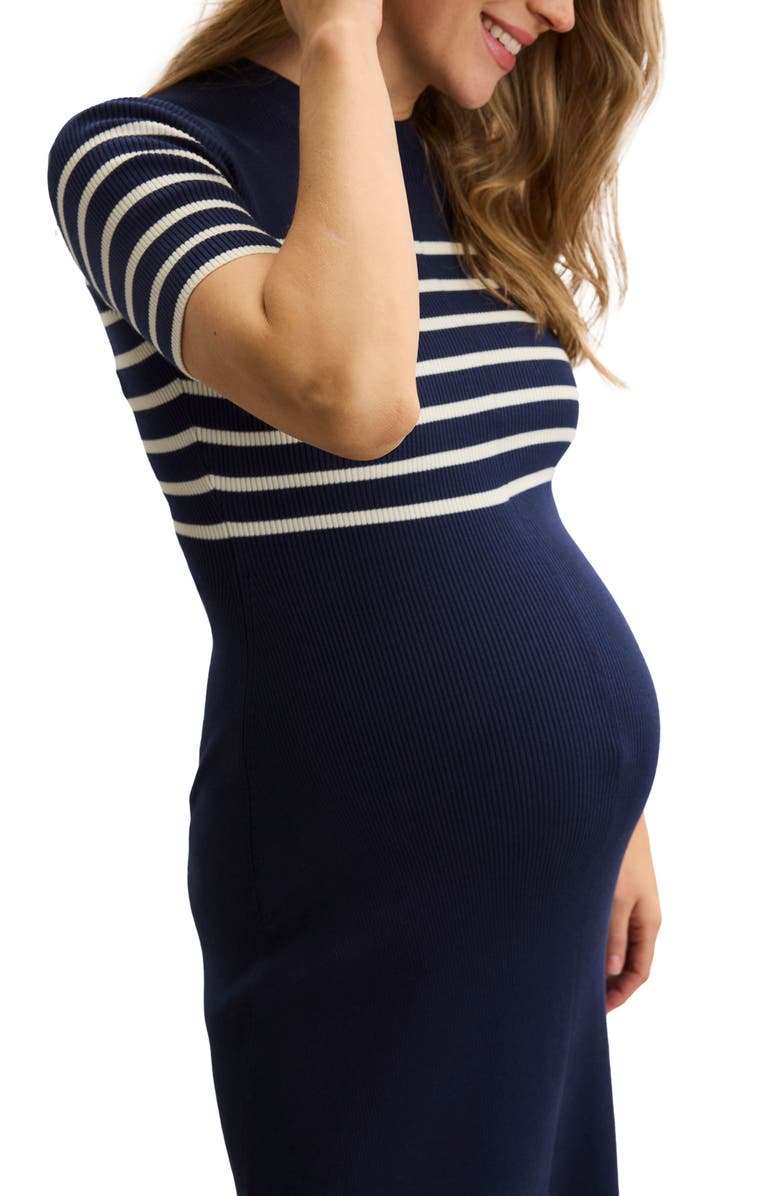 HATCH Collection The Kaitlyn Cotton Rib Maternity Dress, Alternate, color, Navy/White Stripe