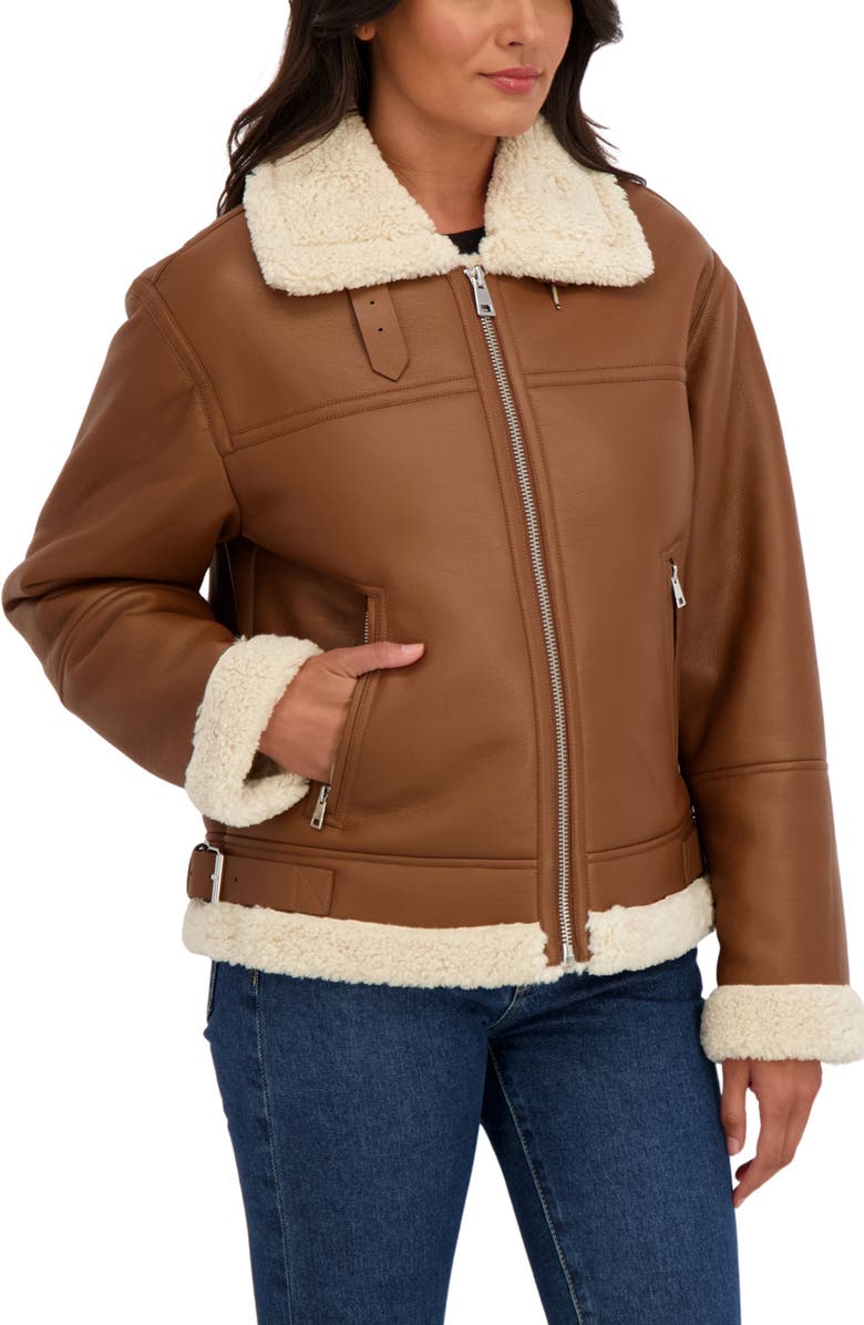 Sebby Faux Shearling Collar Aviator Jacket, Alternate, color, Luggage