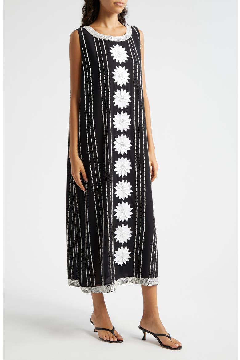 Daisy Bead Stripe Embellished Midi Dress, Alternate, color, BLACK WHITE