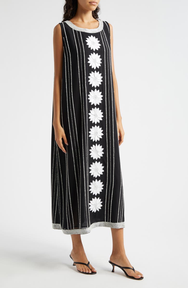 La Vie Style House Daisy Bead Stripe Embellished Midi Dress, Alternate, color, Black White
