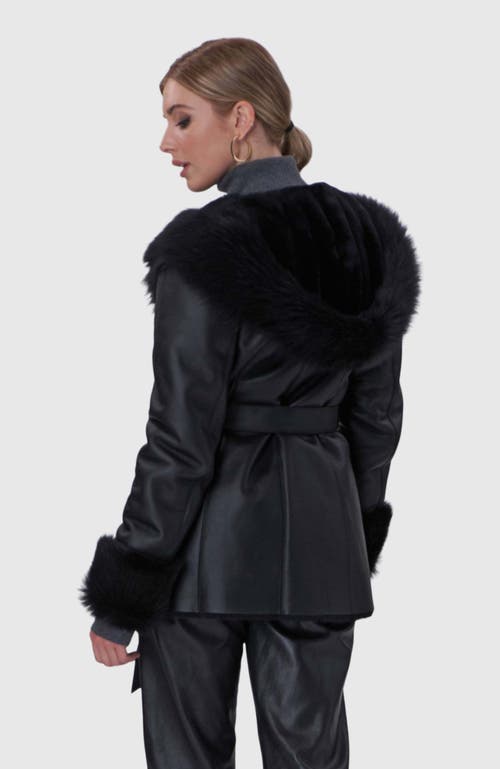 Gorski Belted Shearling Lamb Hooded Jacket With Toscana Trim And Cuffs In Black