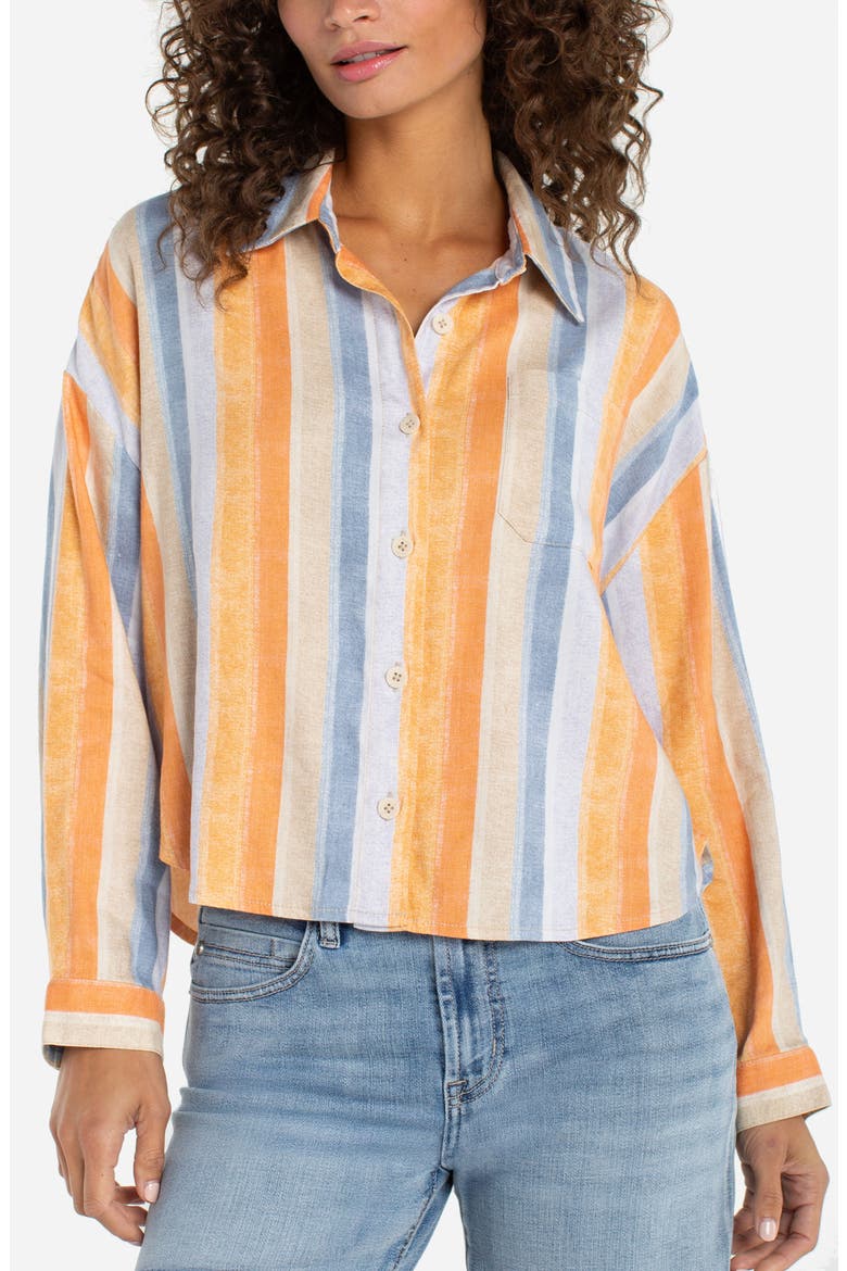 Relaxed Stripe Linen Blend Button-Up Shirt, Main, color, ORANGE MULTI STRIPE