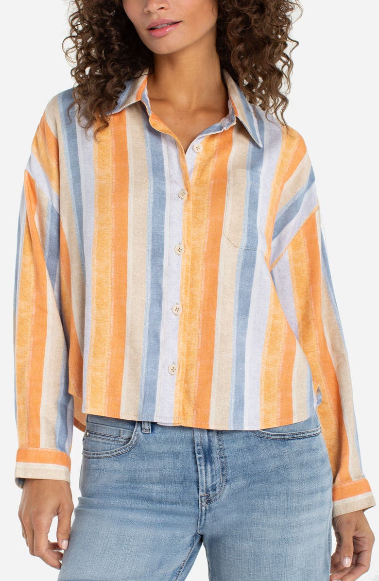 Liverpool Los Angeles Relaxed Stripe Linen Blend Button-Up Shirt, Main, color, Orange Multi Stripe