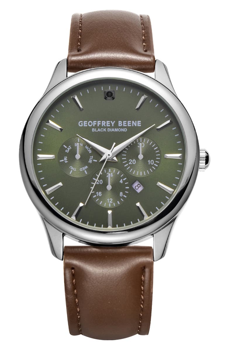GEOFFREY BEENE Genuine Black Diamond Leather Strap Watch, 41mm - 0.001ct., Main, color, Silver-Tone